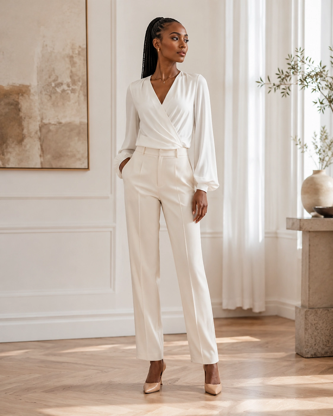 Ivory wrap blouse and tailored trousers